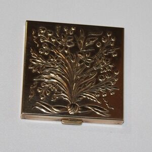 Vintage Volupte USA Gold Tone Square Compact Embossed Floral Bouquet Mirror